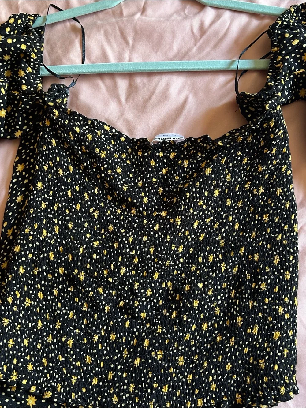 Reformation Black Puff-Sleeve Square Neck Floral Top